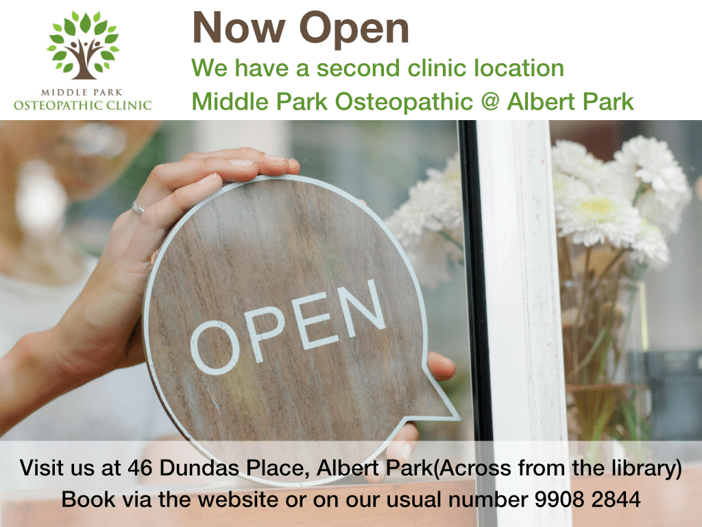 New clinic open Now Open We have a second clinic location Middle Park Osteopathic @ Albert Park Visit us at 46 Dundas Place, Albert Park (Across from the library) Book via the website or our usual number 9908 2844